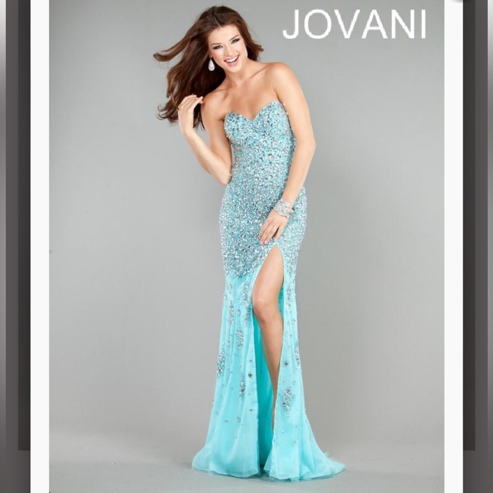 Jovani 4247 aqua/silver embellished with a slit